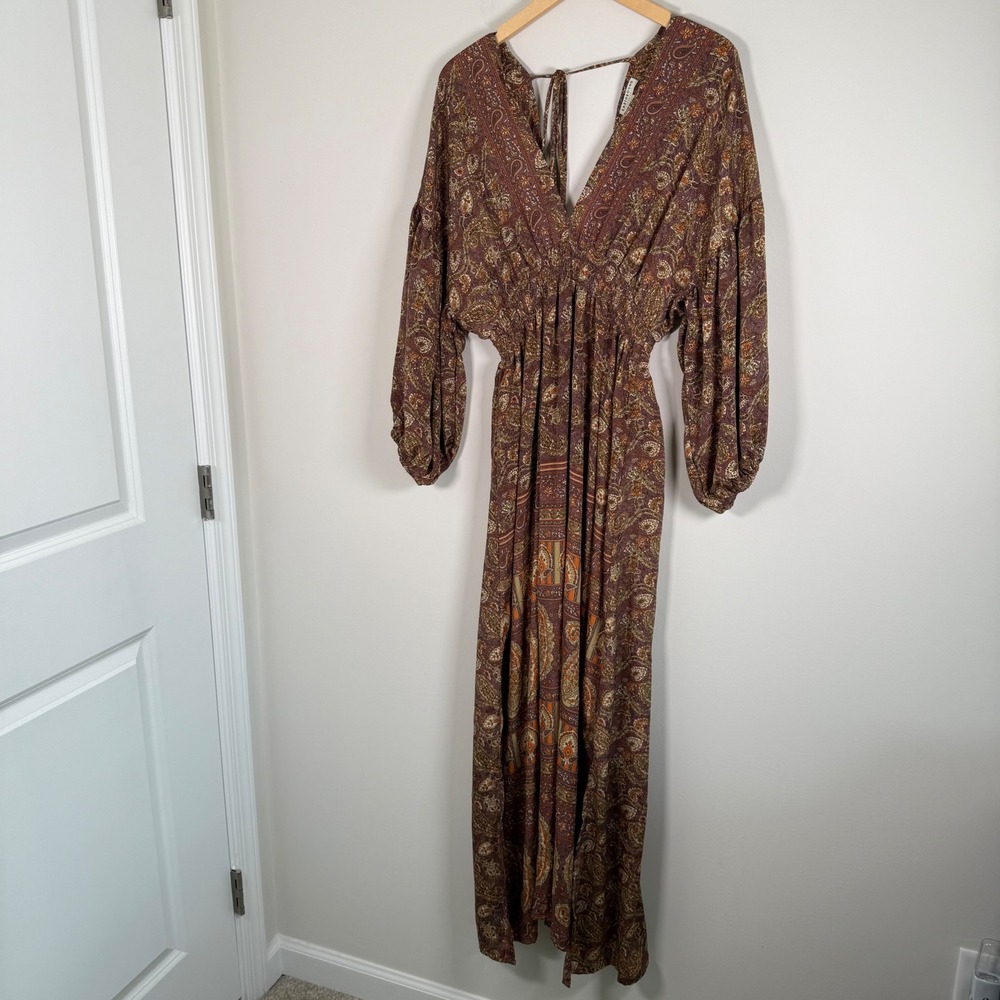 Earthbound Trading Co Paisley Maxi Dress XL BOHO Festival Smocked Long Sleeve
